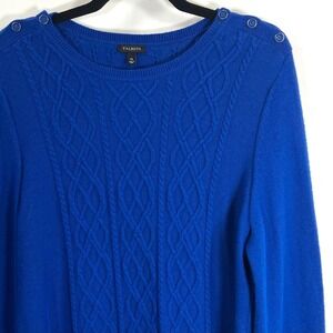 Talbots Royal Blue Cable Knit Sweater Womens XL Button Shoulder Detail Lambswool
